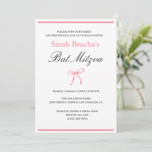 Invitation Bar Mitzvah Rose Coquette Aquarelle Nœud (Debout devant)