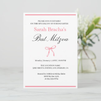 Invitation Bar Mitzvah Rose Coquette Aquarelle Nœud