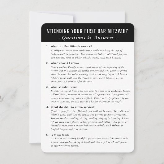 Invitation BAR MITZVAH service question et réponse conseils (Devant)