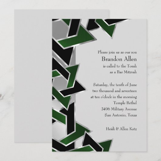 Invitation Bar Mitzvah Silver Green Black Star de David (Devant / Derrière)