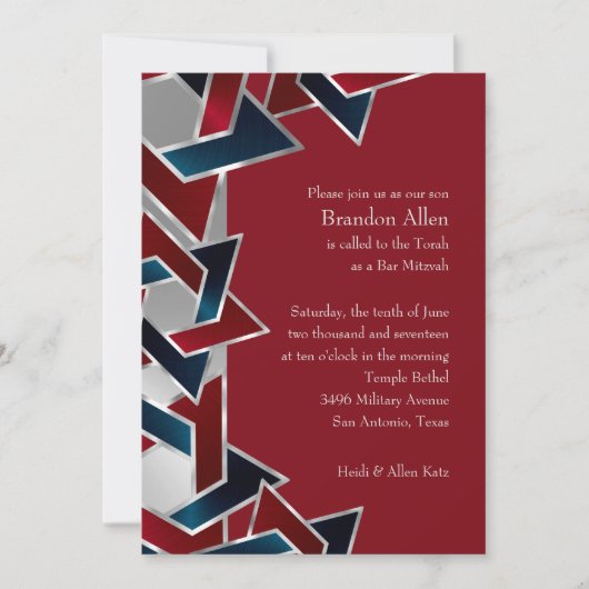 Invitation Bar Mitzvah Silver Navy Blue Red Star de David (Devant)
