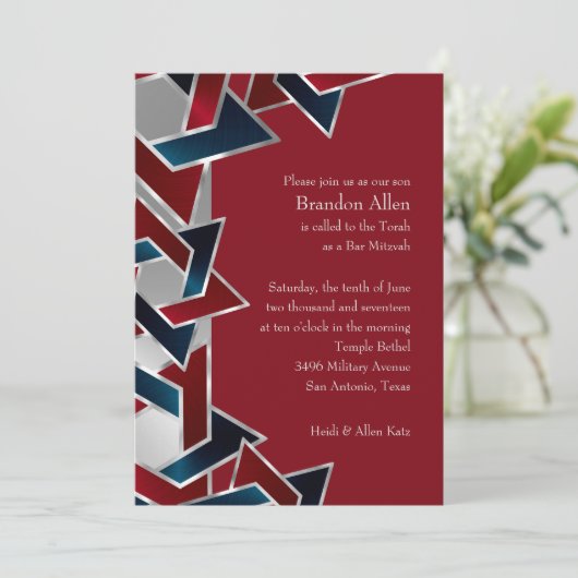 Invitation Bar Mitzvah Silver Navy Blue Red Star de David (Debout devant)