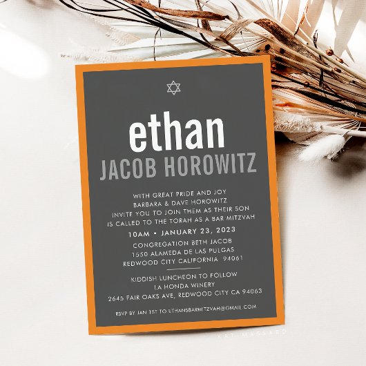 Invitation BAR MITZVAH simple étoile moderne nom gris orange