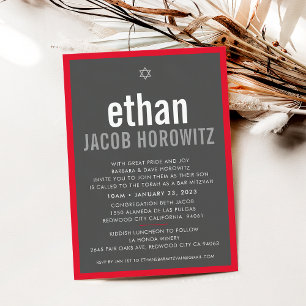 Invitation BAR MITZVAH simple étoile moderne nom gris rouge