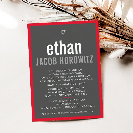 Invitation BAR MITZVAH simple étoile moderne nom gris rouge