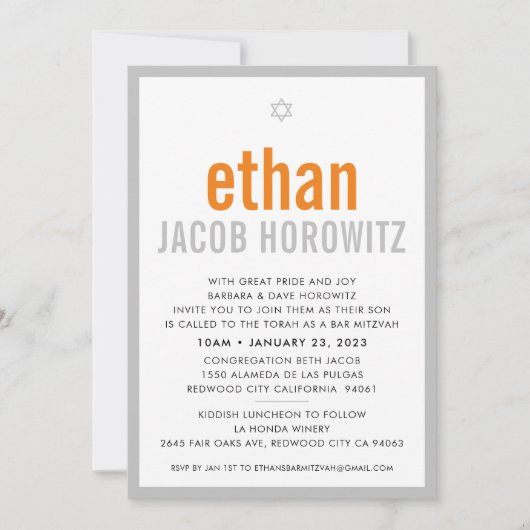 Invitation BAR MITZVAH simple étoile moderne nom orange gris (Devant)