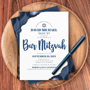 Invitation Bar Mitzvah Simple Moderne Bleu Marine Agate Scrip