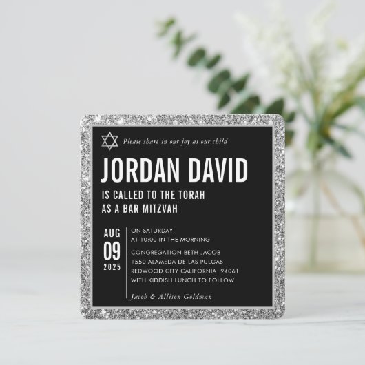 Invitation BAR MITZVAH simple moderne noir argent parties sci (Debout devant)