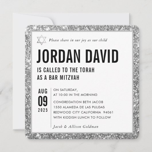 Invitation BAR MITZVAH simple moderne parties scintillant arg (Devant)