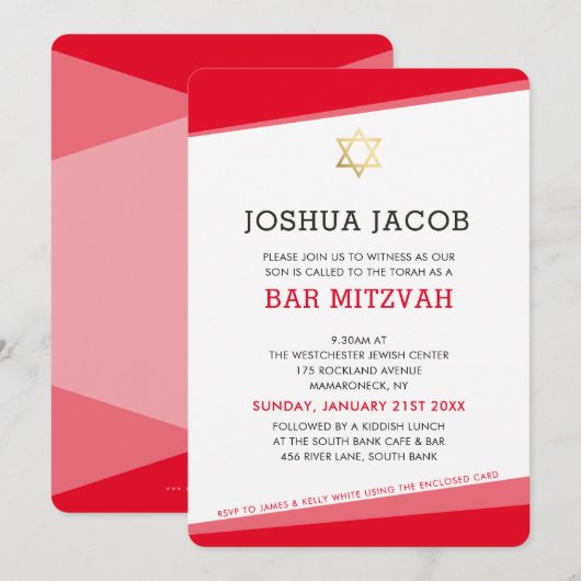 Invitation BAR MITZVAH simple moderne rouge étoile (Devant / Derrière)