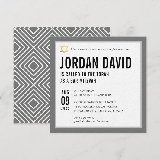 Invitation BAR MITZVAH simple typographie moderne gris gris (Devant / Derrière)