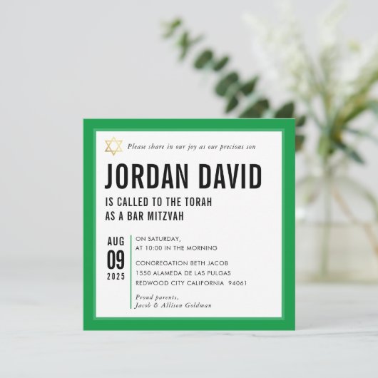 Invitation BAR MITZVAH simple typographie moderne kelly green (Debout devant)