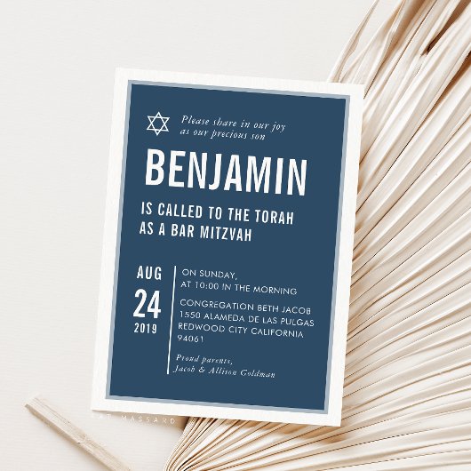 Invitation BAR MITZVAH simple typographie moderne marine blan