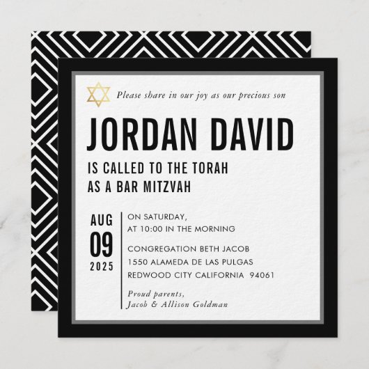 Invitation BAR MITZVAH simple typographie moderne noir blanc (Devant / Derrière)