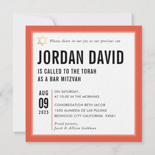 Invitation BAR MITZVAH simple typographie moderne orange (Devant)