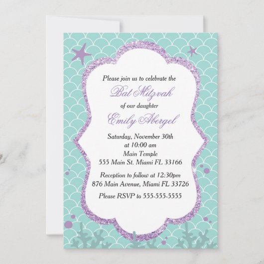 Invitation Bar Mitzvah Sous La Mer Violet Bleu-ver (Devant)