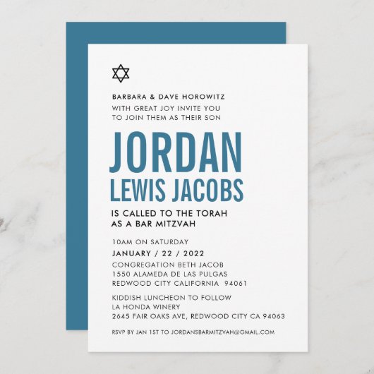 Invitation BAR MITZVAH Star Boy (Devant / Derrière)