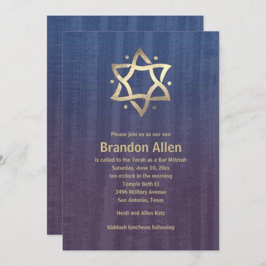 Invitation Bar Mitzvah Stenn Bois Bleu Plum Or Star (Devant / Derrière)