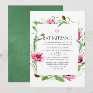 Invitation Bar Mitzvah sur aquarelle avec des coquelicots ros