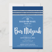 Invitation Bar Mitzvah Tallit Bleu Argent Moderne Écriture Gr (Devant)