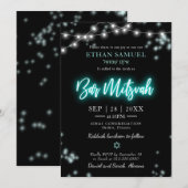 Invitation Bar Mitzvah Thème Néon Turquoise (Devant / Derrière)
