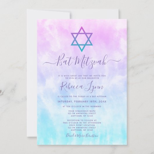 Invitation Bar Mitzvah Tie and Dye Violet Turquoise (Devant)