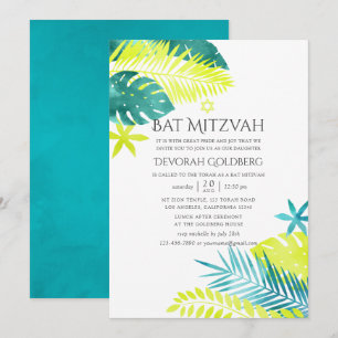 Invitation Bar Mitzvah tropical de couleur sarcelle et citron