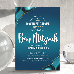 Invitation Bar Mitzvah Turquoise Moderne Ombré Agate Script