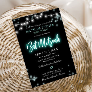Invitation Bar Mitzvah Turquoise Neon Thème