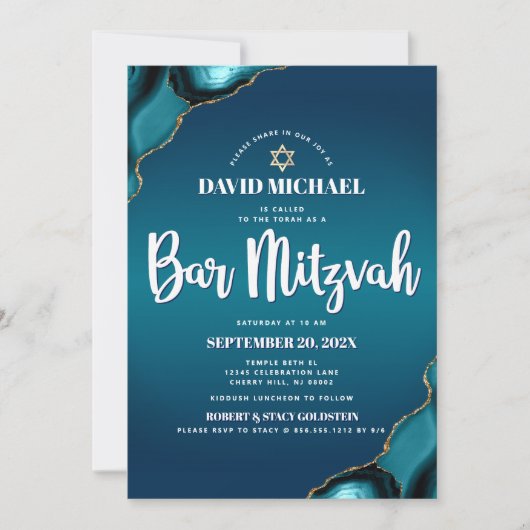 Invitation Bar Mitzvah Turquoise Ombre Agate Script Moderne (Devant)