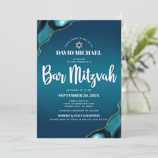 Invitation Bar Mitzvah Turquoise Ombre Agate Script Moderne (Debout devant)