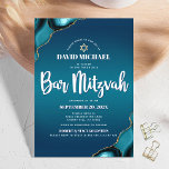 Invitation Bar Mitzvah Turquoise Ombre Agate Script Moderne<br><div class="desc">Soyez fier, réjouissez-vous et présentez cette étape importante de votre Bar Mitzvah préféré ! Envoyer cette invitation cool, unique, moderne, personnalisée pour un événement à retenir. La typographie en écriture blanche et une fausse étoile d'or de David superposent un turquoise bleu foncé et turquoise profond arrière - plan avec agate...</div>