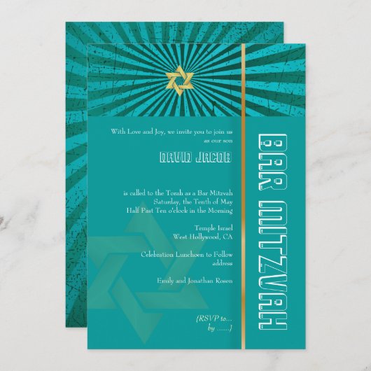Invitation Bar Mitzvah/turquoise/or (Devant / Derrière)