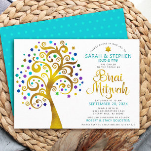 Invitation Bar Mitzvah Turquoise Or Feuille d'Arbre de Vie
