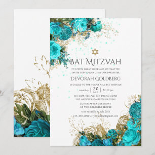 Invitation Bar Mitzvah vintage turquoise et or shabby floral