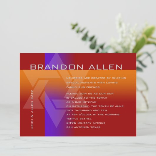 Invitation Bar Mitzvah violet et orange sur n'importe quelle (Debout devant)