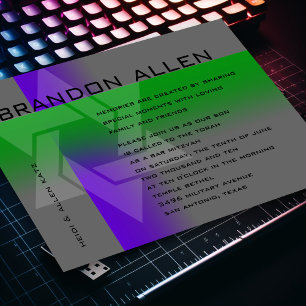 Invitation Bar Mitzvah violet et vert sur n'importe quelle co