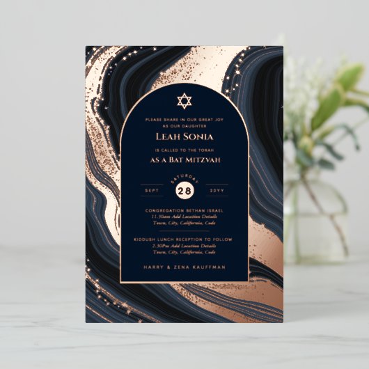 Invitation Bar Mitzvah Vrai Feuille d'Agape Or Ble (Debout devant)