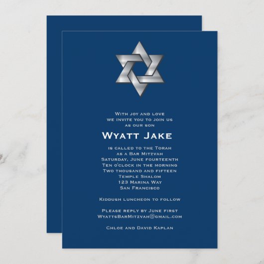 Invitation Bar Mitzvah Wyatt Jewish Star Navy (Devant / Derrière)