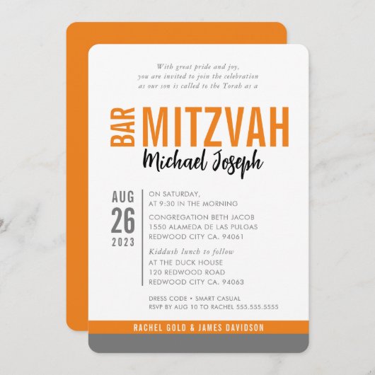 Invitation BAR MODERNE MITZVAH date tendance orange gris (Devant / Derrière)
