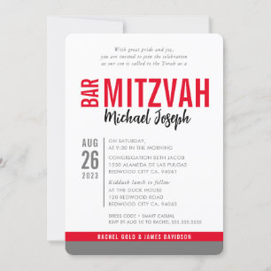 Invitation BAR MODERNE MITZVAH date tendance rouge noir gris
