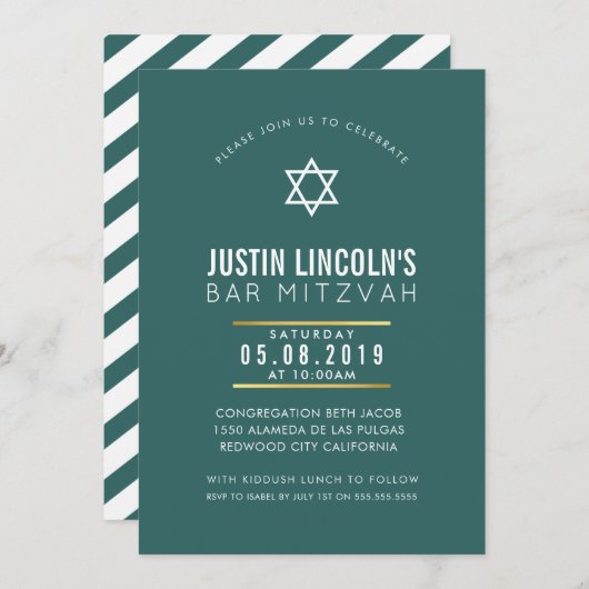 Invitation BAR MODERNE MITZVAH fête plain bold minimal vert (Devant / Derrière)