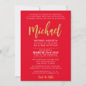 Invitation Bar moderne Mitzvah garçon moderne rouge + or (Devant)