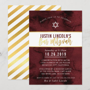 Invitation BAR MODERNE MITZVAH marron rouge aquarelle type or