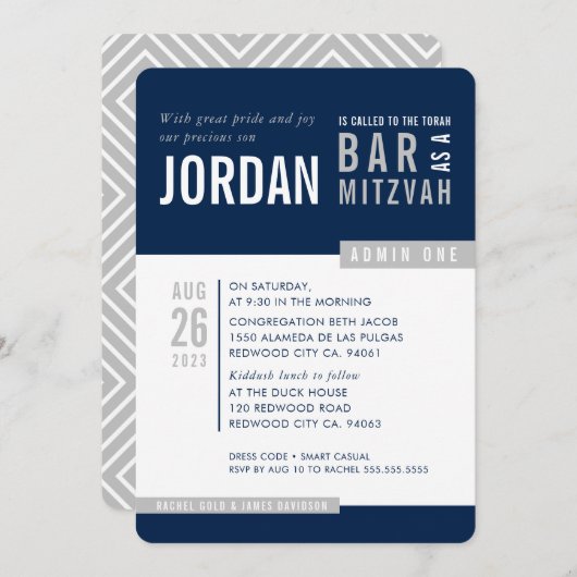 Invitation BAR MODERNE MITZVAH tendance bold bloc marine gris (Devant / Derrière)