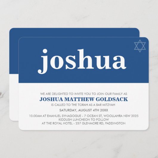 Invitation BAR SIMPLE MITZVAH cool étoile moderne david navy (Devant / Derrière)