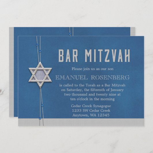 Invitation Barbar Mitzvah Silver Star Blue Beads (Devant / Derrière)
