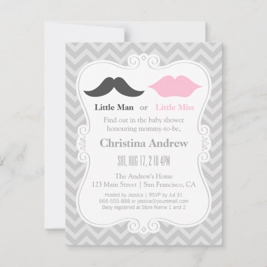 Invitation Barbe et Lèvres Grises Baby Shower pour Dévoiler l (Devant)