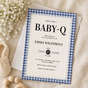 Invitation Barbecue Baby Shower à carreaux bleus rustiques