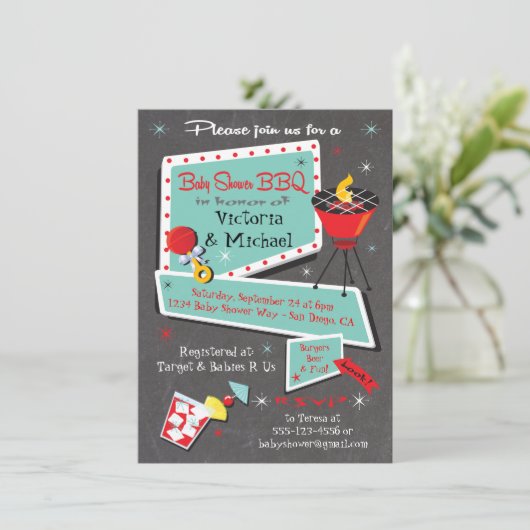 Invitation Barbecue Baby shower Retro Chalkboard (Debout devant)